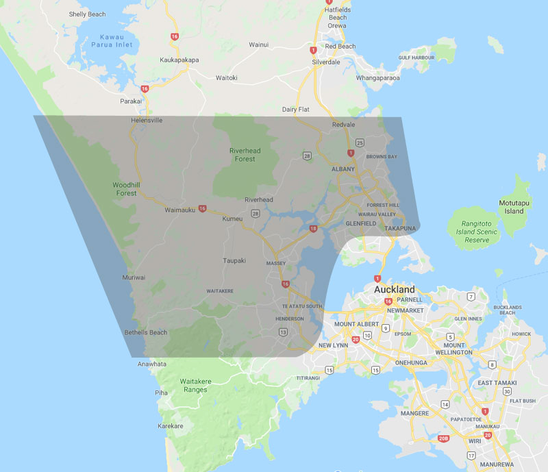 Map of Auckland showing services coverage area